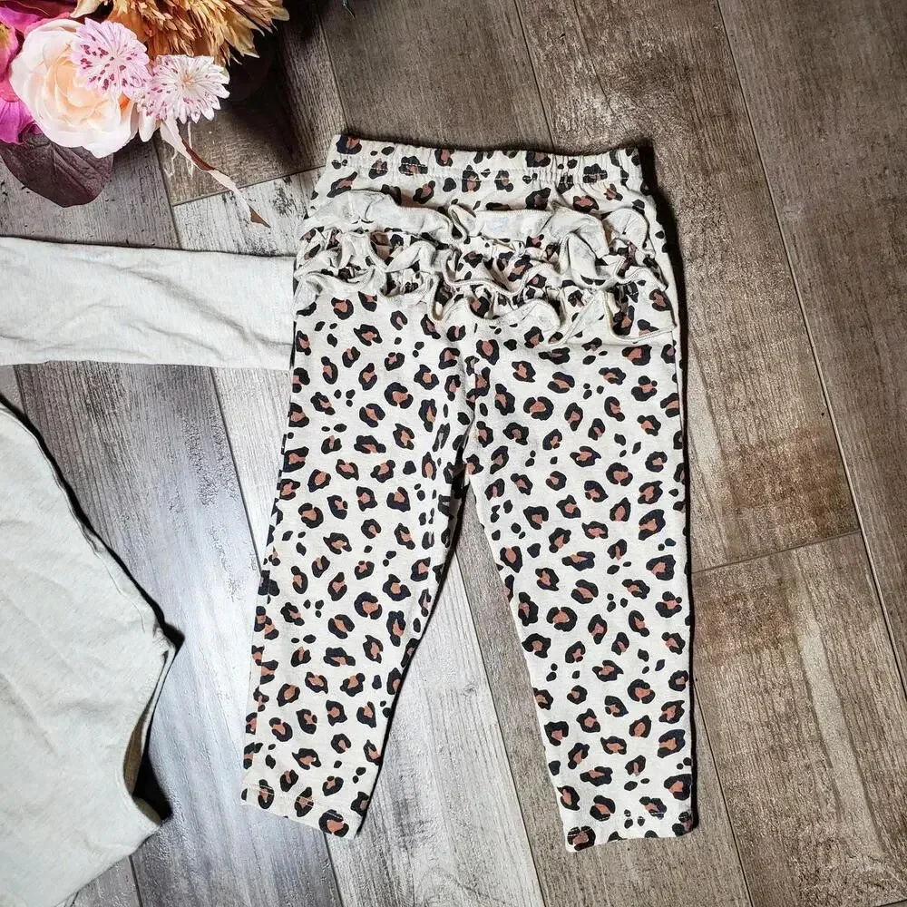 Shimmery Beige Tulle-Trimmed Top with Leopard Print Bottoms Outfit Size 24m